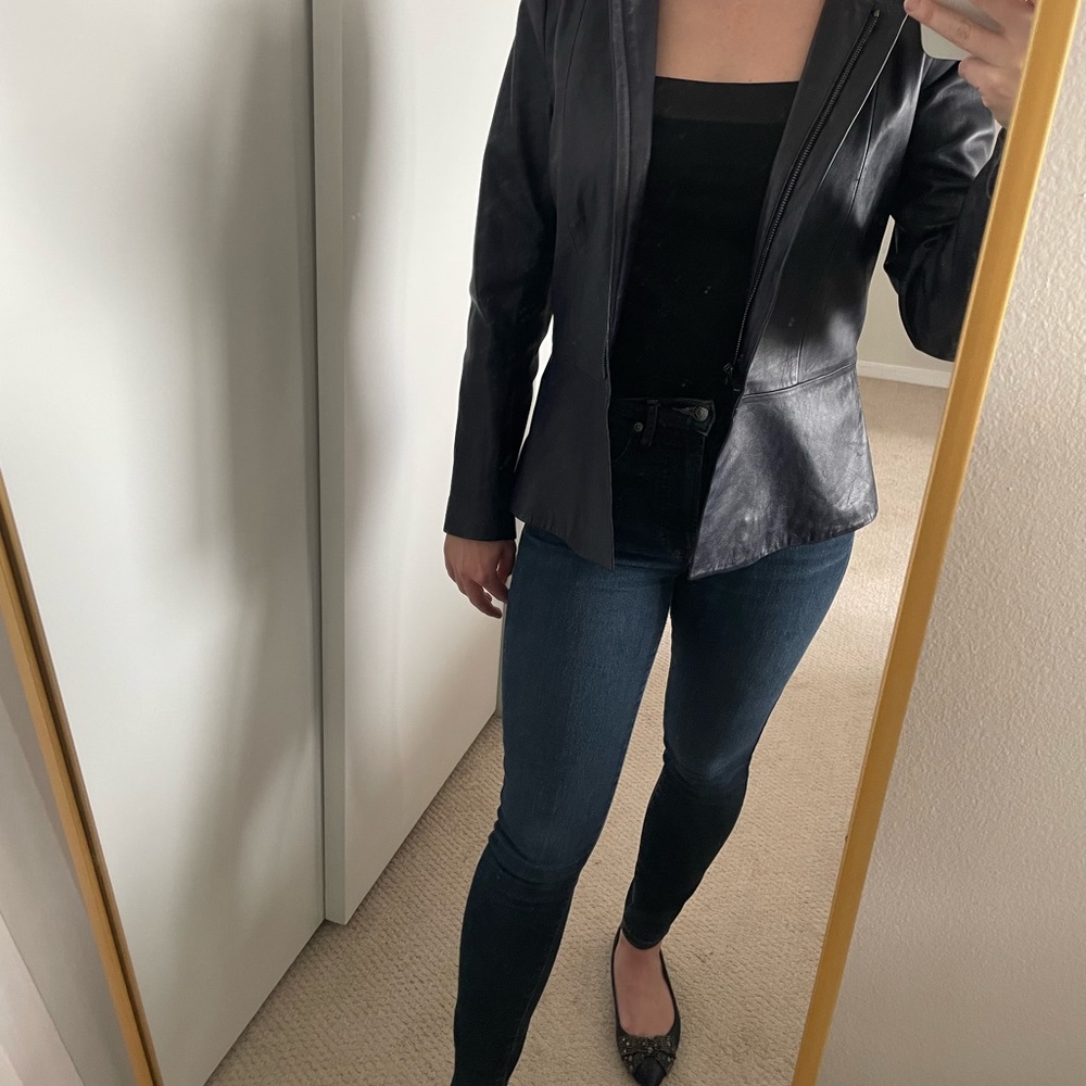 THEORY Rare Alimo Lamb Leather Navy Peplum Jacket